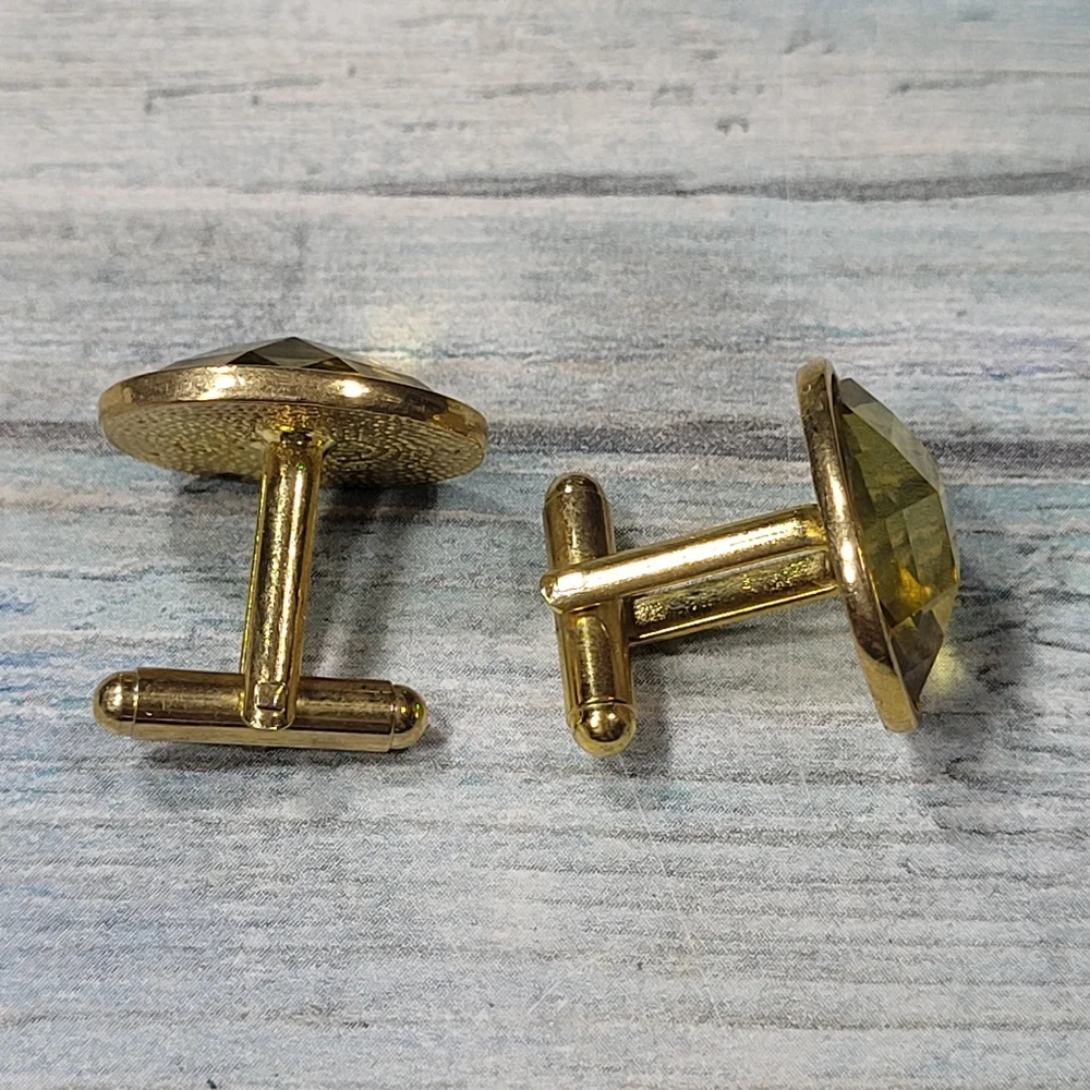 Yellow Plastic rhinestone Cuff Links.